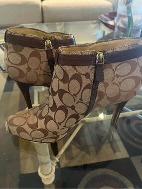 Coach Brown Signature Logo Ankle Booties with Gold Accent
